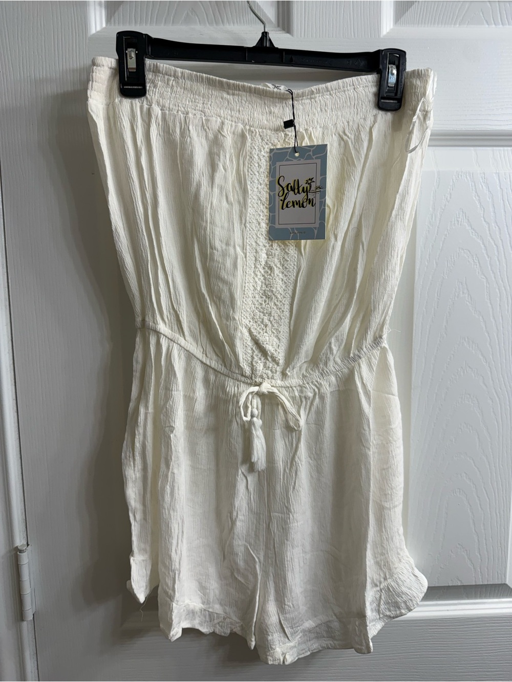 Softly Lemon white Strapless Romper with Drawstring Waist